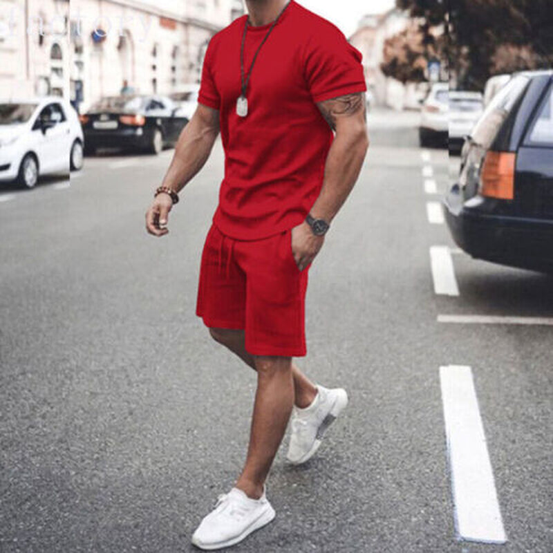 Mens Summer Outfit 2-Piece Set Casual Short Sleeve T Shirts Shorts Sweatsuit Set